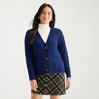 St. John's Bay Womens Long Sleeve Button Tall Cable Knit Cardigan In Blue