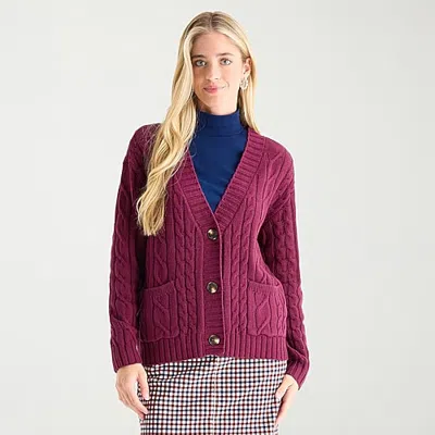 St. John's Bay Womens Long Sleeve Button Tall Cable Knit Cardigan In Red