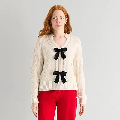St. John's Bay Womens Long Sleeve Cardigan In White