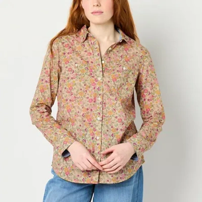 St. John's Bay Womens Long Sleeve Cuffed Sleeve Regular Fit Button-down Shirt In Brown