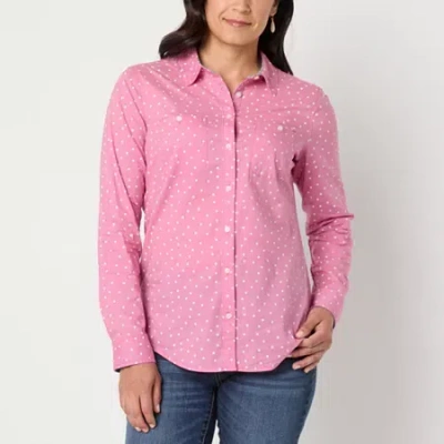 St. John's Bay Womens Long Sleeve Cuffed Sleeve Regular Fit Button-down Shirt In Pink