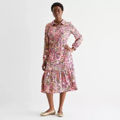 St. John's Bay Womens Long Sleeve Midi Floral A-line Dress In Pink