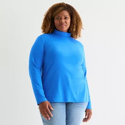 St. John's Bay Womens Long Sleeve Mock Neck Top Plus In Blue