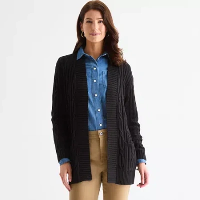 St. John's Bay Womens Long Sleeve Open Front Cable Knit Cardigan In Black
