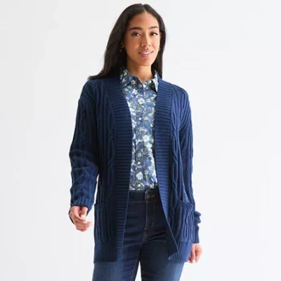 St. John's Bay Womens Long Sleeve Open Front Cable Knit Cardigan In Blue