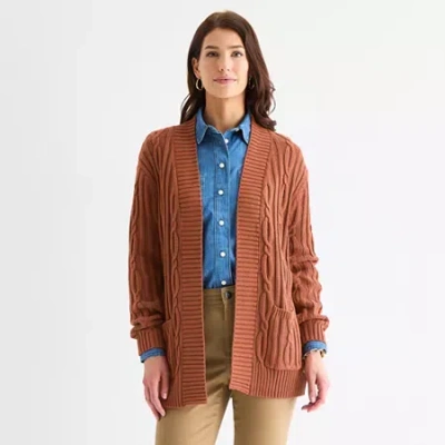 St. John's Bay Womens Long Sleeve Open Front Cable Knit Cardigan In Brown