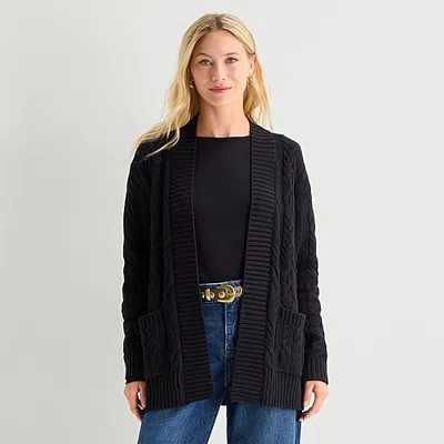 St. John's Bay Womens Long Sleeve Open Front Petite Cable Knit Cardigan In Black