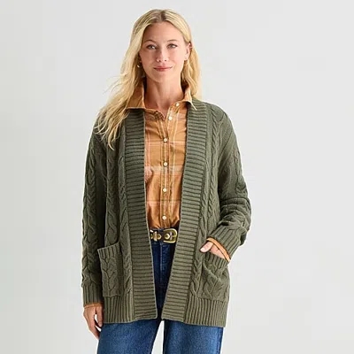 St. John's Bay Womens Long Sleeve Open Front Petite Cable Knit Cardigan In Green