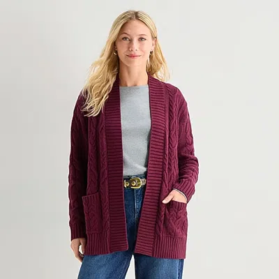 St. John's Bay Womens Long Sleeve Open Front Petite Cable Knit Cardigan In Red