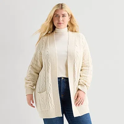 St. John's Bay Womens Long Sleeve Open Front Plus Cable Knit Cardigan In Beige