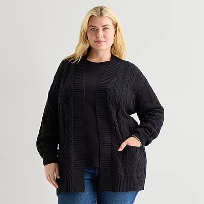 St. John's Bay Womens Long Sleeve Open Front Plus Cable Knit Cardigan In Black