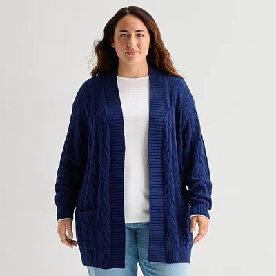 St. John's Bay Womens Long Sleeve Open Front Plus Cable Knit Cardigan In Blue