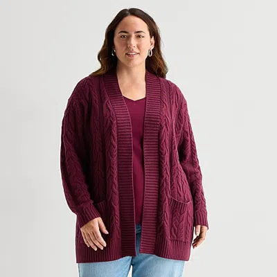 St. John's Bay Womens Long Sleeve Open Front Plus Cable Knit Cardigan In Red