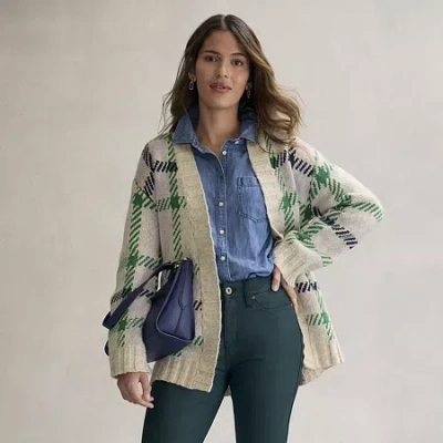 St. John's Bay Womens Long Sleeve Plaid Cardigan In White