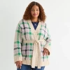 St. John's Bay Womens Long Sleeve Plus Plaid Cardigan In Brown
