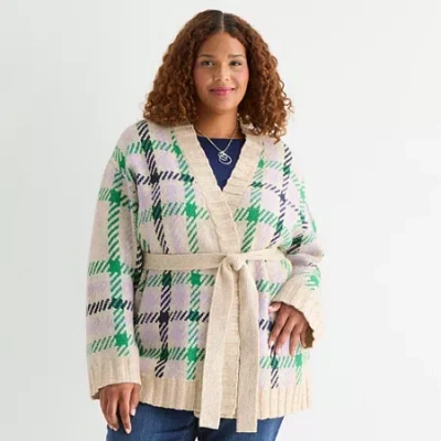St. John's Bay Womens Long Sleeve Plus Plaid Cardigan In Brown