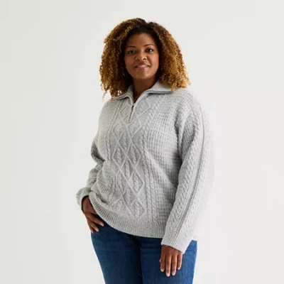 St. John's Bay Womens Long Sleeve Plus Quarter-zip Pullover Sweater In Gray