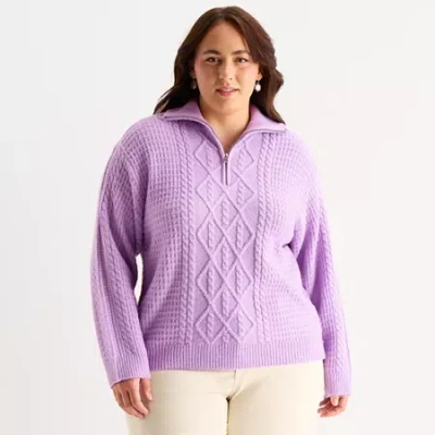 St. John's Bay Womens Long Sleeve Plus Quarter-zip Pullover Sweater In Purple
