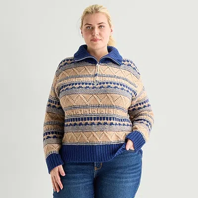 St. John's Bay Womens Long Sleeve Plus Striped Quarter-zip Pullover Sweater In Blue
