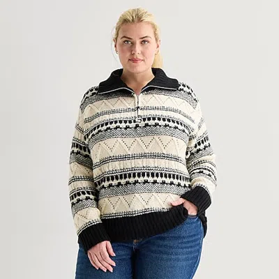 St. John's Bay Womens Long Sleeve Plus Striped Quarter-zip Pullover Sweater In Gray