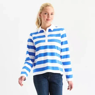 St. John's Bay Womens Long Sleeve Polo Shirt In Blue