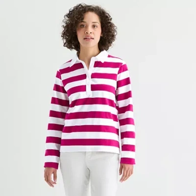 St. John's Bay Womens Long Sleeve Polo Shirt In Pink