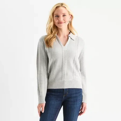 St. John's Bay Womens Long Sleeve Pullover Sweater In Gray