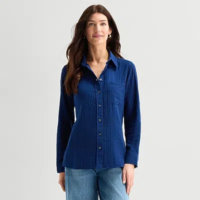St. John's Bay Womens Long Sleeve Regular Fit Button-down Shirt In Blue