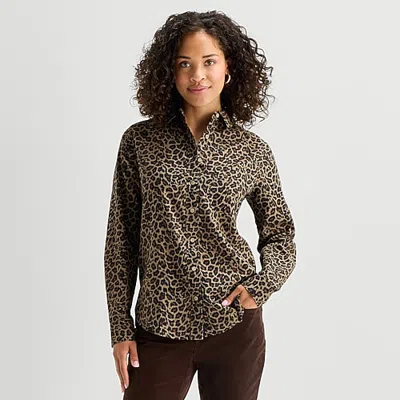 St. John's Bay Womens Long Sleeve Regular Fit Button-down Shirt In Brown
