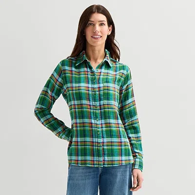 St. John's Bay Womens Long Sleeve Regular Fit Button-down Shirt In Green