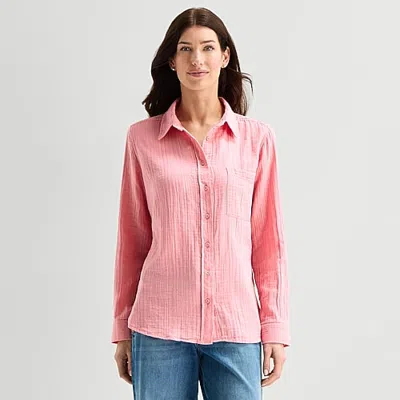 St. John's Bay Womens Long Sleeve Regular Fit Button-down Shirt In Pink