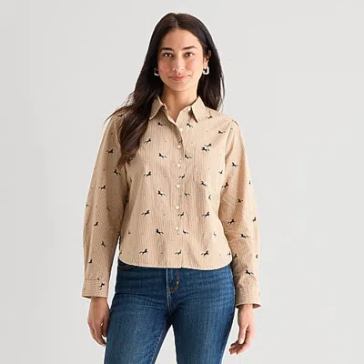 St. John's Bay Womens Long Sleeve Regular Fit Embroidered Button-down Shirt In Brown