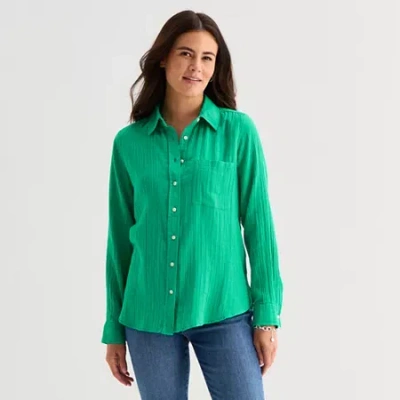 St. John's Bay Womens Long Sleeve Relaxed Fit Button-down Shirt In Green