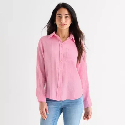 St. John's Bay Womens Long Sleeve Relaxed Fit Button-down Shirt In Pink
