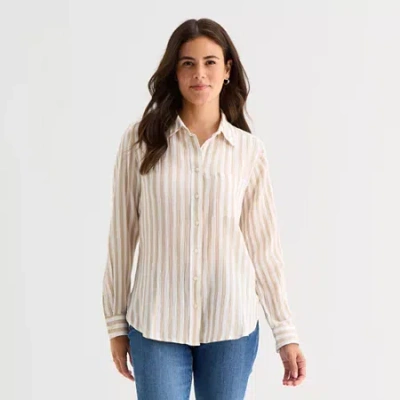 St. John's Bay Womens Long Sleeve Relaxed Fit Button-down Shirt In White