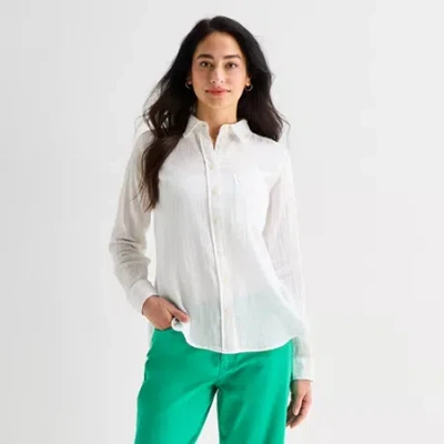 St. John's Bay Womens Long Sleeve Relaxed Fit Button-down Shirt In White