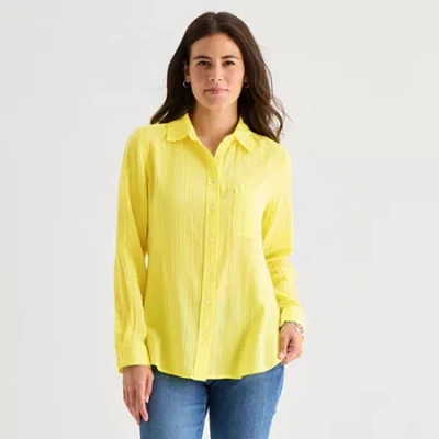 St. John's Bay Womens Long Sleeve Relaxed Fit Button-down Shirt In Yellow