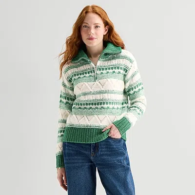 St. John's Bay Womens Long Sleeve Striped Pullover Sweater In Green