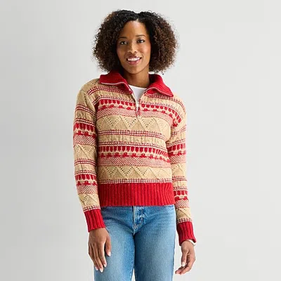 St. John's Bay Womens Long Sleeve Striped Pullover Sweater In Red