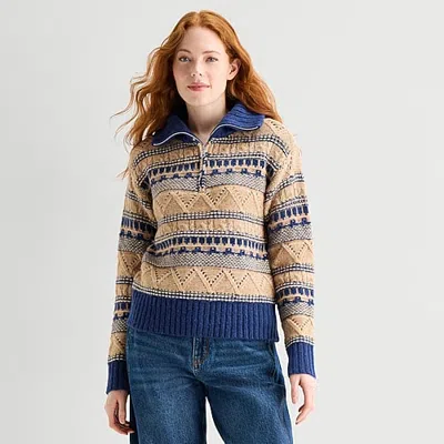 St. John's Bay Womens Long Sleeve Tall Quarter-zip Pullover Sweater In Blue