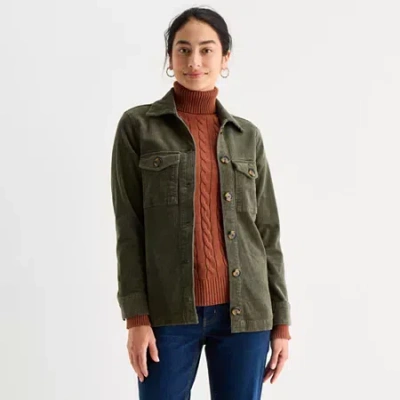 St. John's Bay Womens Midweight Shirt Jacket In Green