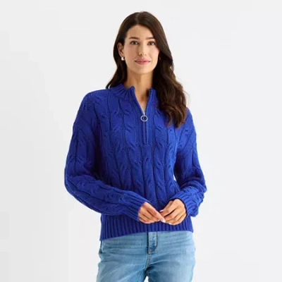 St. John's Bay Womens Mock Neck Long Sleeve Cable Knit Pullover Sweater In Blue