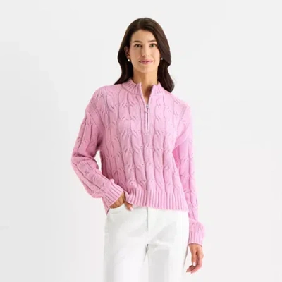 St. John's Bay Womens Mock Neck Long Sleeve Cable Knit Pullover Sweater In Pink