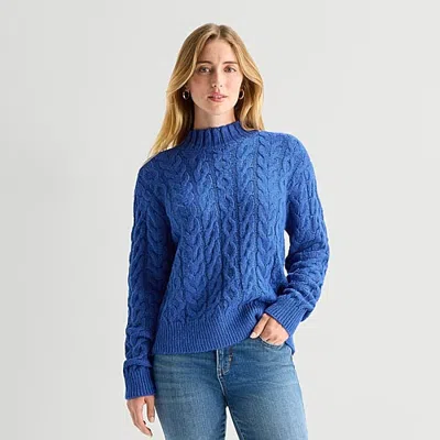 St. John's Bay Womens Mock Neck Long Sleeve Pullover Sweater In Blue