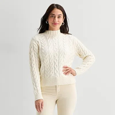 St. John's Bay Womens Mock Neck Long Sleeve Pullover Sweater In White