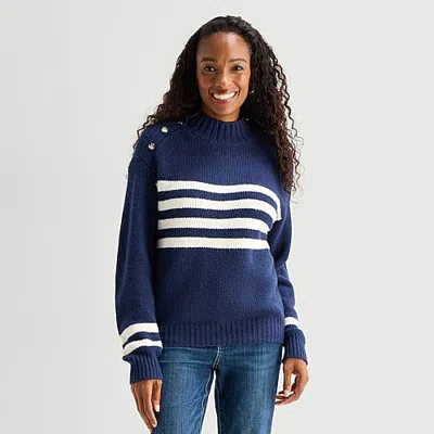 St. John's Bay Womens Mock Neck Long Sleeve Striped Pullover Sweater In Blue