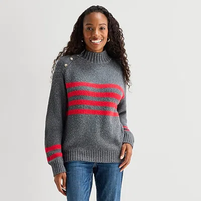 St. John's Bay Womens Mock Neck Long Sleeve Striped Pullover Sweater In Gray