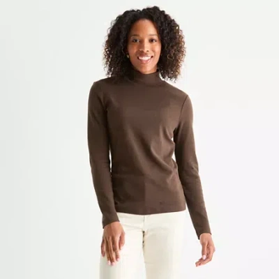 St. John's Bay Womens Mock Neck Long Sleeve T-shirt In Brown