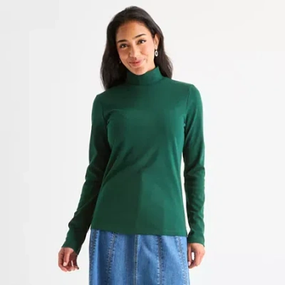 St. John's Bay Womens Mock Neck Long Sleeve T-shirt In Green