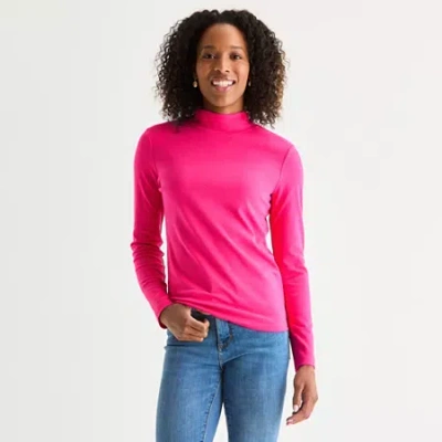 St. John's Bay Womens Mock Neck Long Sleeve T-shirt In Pink